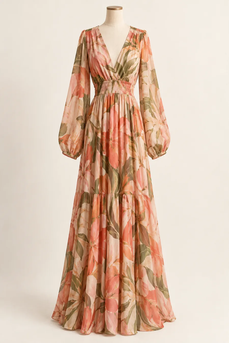 Vestido maxi botánico coral